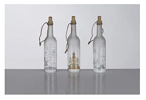 Drei Glasflaschen LED Lichterkette Set für Weihnachten - Dekoratives Set mit drei Glasflaschen, jede mit 10 warm-weißen LEDs. Ideal für stimmungsvolle Weihnachtsdekoration – flexibel zum Aufhängen oder Hinstellen einsetzbar. Maße: ca. 29,5 cm Höhe x 7,3 cm.