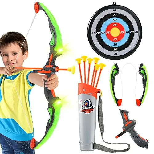Teklemon Pfeil und Bogen Kinder Bogenschießen Set mit LED Lichter Bogen 6 Saugnäpfe Pfeilen 1 Zielscheibe und 1 Pfeil Halter Indoor Outdoor Schießen Training Spielzeug für Mädchen/Jungen ab 4 Jahre+