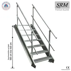 Stufen Stahltreppe beidseitig mit Geländer 80cm - Silber 7 - Robuste Stahltreppe für den Außenbereich, ideal für Garten oder gewerblichen Einsatz. Mit verstellbarer Geschosshöhe von 100-140cm und einfacher Montage. Hochwertige Materialien sorgen für Langlebigkeit und Stabilität.