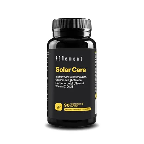 Solar Care, mit Polypodium leucotomos, Grünem Tee, β-Carotin, Licopene, Lutein, Selen & Vitamin C, D & E, 90 Vegetarisch Kapseln | Bereitet die Haut auf die Besonnung vor | Vegetarisch | Zenement