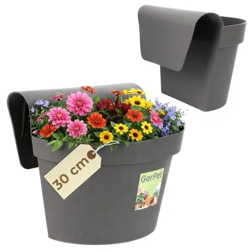 GarPet Geländertopf Balkon Hängeblumentopf mit Wasserspeicher Blumentopf zum Einhängen Balkon Blumentopf Anthrazit Balkongeländer Blumenkasten Geländerkasten Balkontopf