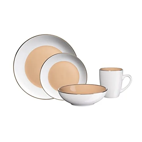 Kombiservice 16-teilig Metallicrand Cremeweiß Hellbraun Geschirrset - Hochwertiges 16-teiliges Geschirrset aus Steinzeug mit elegantem Metallicrand, perfekt für stilvolle Tischdekorationen und besondere Anlässe.
