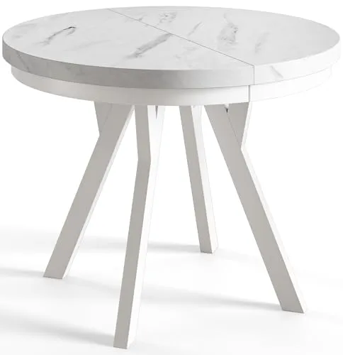 Runder Esszimmertisch EVO – Ausziehbar von 100 cm auf 200 cm - Esstisch mit elegantem Marmordesign und robusten Holzbeinen in Weiß. Ideal für flexible Nutzung bei besonderen Anlässen und passt perfekt in jedes Zuhause.
