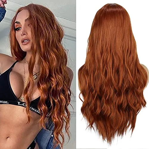 PORSMEER Auburn Rot braun Lang Locken Perrucke für Frauen,Natürliche Kupfer Synthetische Haar Cosplay Tägliche Party Wig