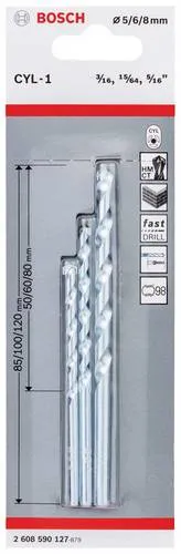 Bosch Accessories CYL-1 2608590127 Stein-Spiralbohrer-Set 3teilig 5 mm, 6 mm, 8mm Zylinderschaft 1 Set