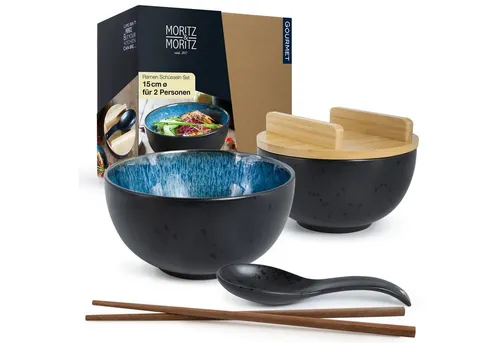 Moritz & Moritz Suppenschüssel 2x Ramen Schüssel Blau - Suppenschüsseln aus Keramik, spülmaschinen- und mikrowellengeeignet, mit 2 Suppenlöffeln und 4 Stäbchen für ein perfektes Ramen-Erlebnis.