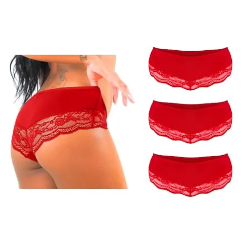 Benonetti Hipster Damen Baumwolle - 3er Pack - Seamless Frauen Unterhosen mit Spitze - Atmungsaktiv Stretch Nahtlose Panties (DE/NL/SE/PL, Alphanumerisch, M, Regular, Regular, rot)
