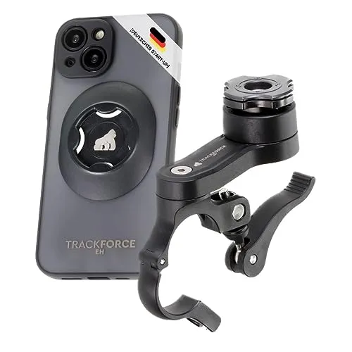 TRACKFORCE - 360° iPhone 13 Pro Handyhalterung mit Vibrationsdämpfer - für Motorrad, Fahrrad & E-Scooter - Inkl. Handyhülle & Back Attachment - Einfach & Schnell Montiert - Passend für jeden Lenkertyp