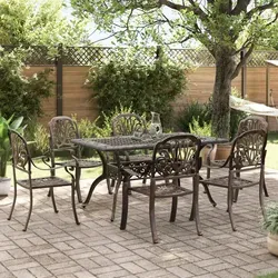 vidaXL 7-tlg. Garten-Essgruppe aus Aluminiumguss - Braun - Elegante Garten-Essgruppe aus robustem Aluminiumguss. Ideal für entspannte Stunden im Freien. Mit Schirmloch für zusätzlichen Komfort und witterungsbeständig für ganzjährige Nutzung.