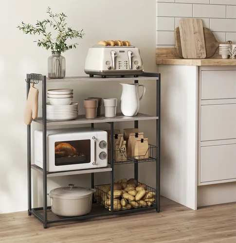 VASAGLE Küchenregal mit 2 Metallkörben – Stabil und Vielseitig - Praktisches Küchenregal mit 2 Gitterkörben und 6 Haken für optimale Organisation. Robuste Bauweise mit Vintage-Stil, ideal für Mikrowelle und mehr. Einfache Montage und klare Anleitung inklusive.