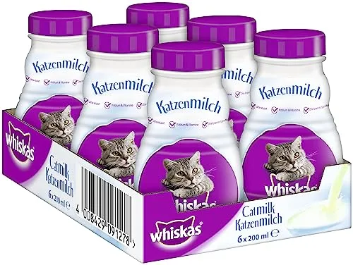 Whiskas Katzenmilch für Katzen ab 6 Wochen – Leckerer Snack für eine glückliche Katze – Laktosefrei und leicht verdaulich – Vorratspack mit 6 Flaschen à 200ml