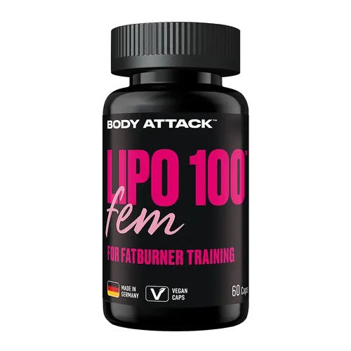 Body Attack Lipo100 Fem Kapseln – Veganer Fatburner für Frauen - Body Attack Lipo100 Fem – 60 vegane Kapseln zur Unterstützung der Figur und Ausdauer. Mit natürlichen Pflanzenextrakten und Vitaminen fördert es den Fettabbau und steigert die Energie während des Trainings.