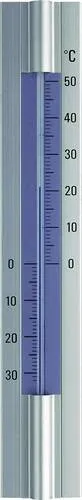 TFA Dostmann 12.2045 Thermometer Silber - Hygrometer für Innen und Außen, elegantes Alu-Gehäuse mit blauer Skala und einem Messbereich von -30 bis 50 °C.
