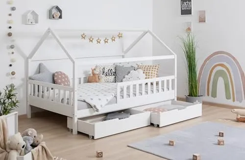 Ticaa Hausbett Kay mit Rausfallschutz und Schubkasten - Abenteuerbett für Kinder, höhenverstellbar und aus umweltfreundlichem Kiefernholz, fördert Selbstständigkeit und bietet viel Stauraum unter dem Bett.
