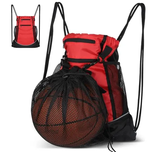 Cozary Fußballtasche mit Abnehmbarem Netztasche, Sportrucksack Herren Kinder mit Kordelzugtasche, Turnbeutel Rot, Basketball Rucksack Vielseitiger Sportbeutel mit Zugband für Gym Outdoor Schule