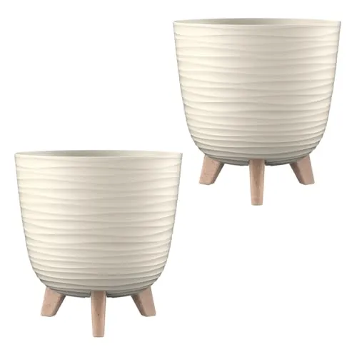 Engelland - 2 x Blumentopf mit Füßen & Bewässerungssystem, Beige, Ø 24 cm, Pflanzkübel, Übertopf, Wellenmuster, Innen- & Außenbereich, Drainagesystem & Wasserspeicher, rund, Kunststoff