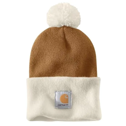 Carhartt Herren Strickmütze mit Bommel, Braun - Stylische Strickmütze mit umklappbarer Manschette und Carhartt Etikett, ideal für kalte Tage und Freizeitaktivitäten. Einheitsgröße für perfekten Sitz.