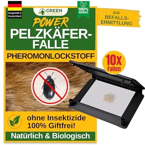 GREEN GUARDIA Pelzkäfer Falle mit Pheromon-Lockstoff - 10x umweltfreundliche Fallen - Fallen zur Schädlingsbekämpfung, chemiefrei und ideal für Haushalte mit Kindern und Haustieren. Langfristige Kontrolle von Pelzkäfern in Textilien, Teppichen und Wohnräumen.