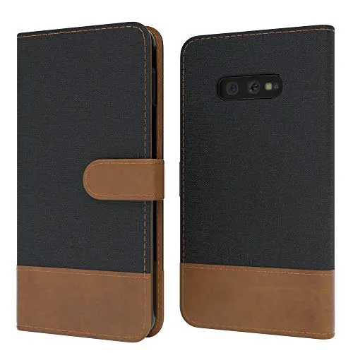 EAZY CASE Tasche kompatibel mit Samsung Galaxy S10e Stoff Schutzhülle mit Standfunktion Klapphülle im Bookstyle, Handytasche Handyhülle Cover mit Magnetverschluss und Kartenfach, Kunstleder, Schwarz