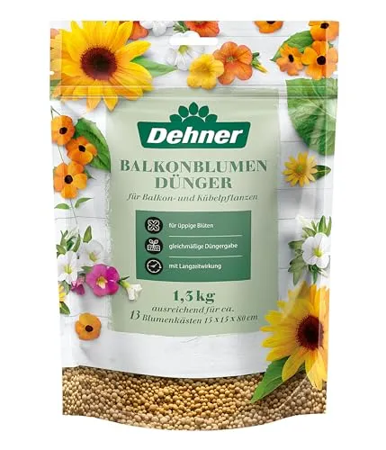 Dehner Balkonblumendünger, hochwertiger Dünger für Balkonpflanzen, organischer NPK-Dünger, mit Langzeitwirkung, 1.3 kg, für ca. 13 Blumenkästen, bunt