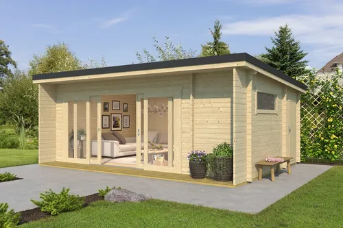 Gartenhaus Blockhaus Holzhaus JAVA 44 mm - Modernes Gartenhaus mit 3 Räumen aus naturbelassenem Holz, einfache Montage und abschließbare Schiebetür – ideal für Gartenfreunde und als zusätzlicher Stauraum.