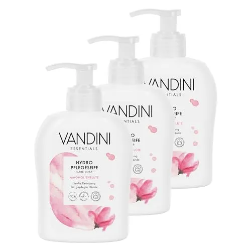 VANDINI 3x Hydro Flüssigseife Spender mit Magnolienblüte Duft 300ml - Made in Germany Spender Seife vegan - Handseife flüssig reinigt sanft - Handwaschseife für gepflegte Hände - Hand soap