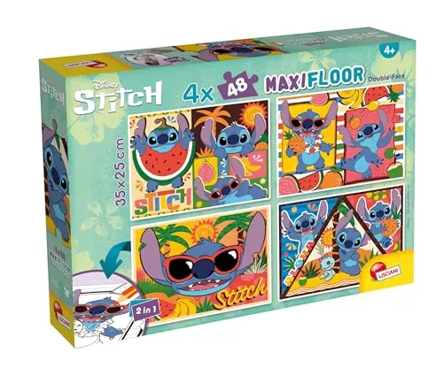 Lisciani - Puzzle Disney LILO & Stitch Maxifloor - 4x48 Teile - Doppelseitig für Kinder ab 4 Jahren - Rückseite mit Ausmalszenen - Format 35x25 cm - Kreatives Spiel - Geschenkidee zum Geburtstag