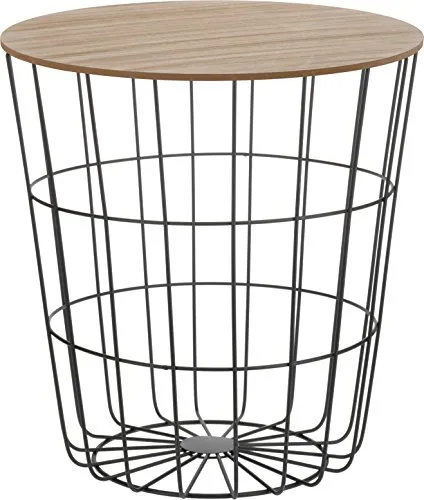 Meinposten Beistelltisch Nachttisch Tisch Korb mit Stauraum Couchtisch Metall Korb schwarz Holz Deckel