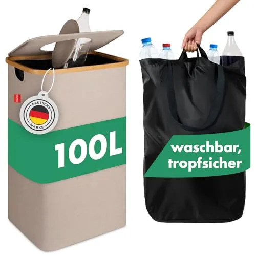 Blumtal Pfandflaschen Sammelbehälter 100L - Großer Stauraum für Leergut, inklusive wasserdichter Transporttasche und geruchsbindendem Design in eleganter Bambus-Optik