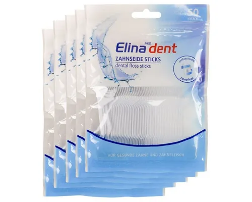 Marabellas Shop Zahnseide-Stick Elina Dent 5er Zahnseide Sticks 50-er Packung Mundpflege und Reinigung, mit Zahnstocher