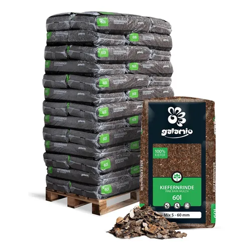Galamio Kiefernrinde Mix 60l - Hochwertiger Rindenmulch - Blumenerde und Bodenabdecker, ideal für Gartenprojekte, hemmt Unkrautwuchs und sorgt für eine optimale Belüftung des Erdreichs. Ein reines Naturprodukt für gesunde Pflanzen.