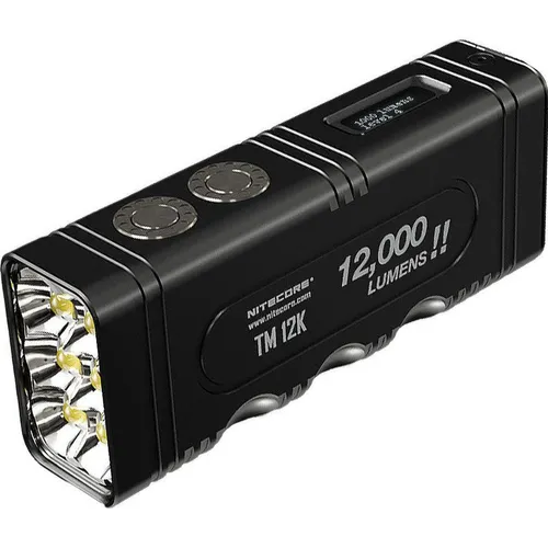Nitecore TM12K Taschenlampe - Taschenlampe mit 12000 Lumen, 250 m Leuchtweite und 5 Leuchtmodi, ideal für Outdoor-Abenteuer. Robustes Gehäuse aus Luftfahrt-Aluminium und OLED-Display für optimale Nutzung.