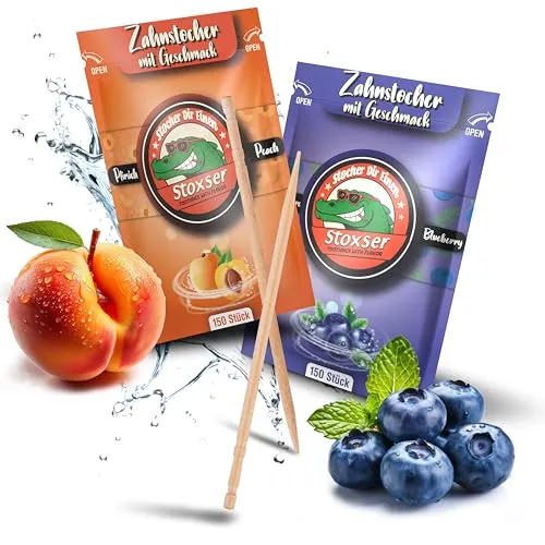 Stoxser 300x Zahnstocher mit Geschmack 2er Pack Pfirsich und Blaubeere Geschmacksrevolution Zahnstocher Geschmack Kein Kaugummi Unterstützend zu Zahnpasta Zahnsteinentferner Zahnseide Zuckerfrei