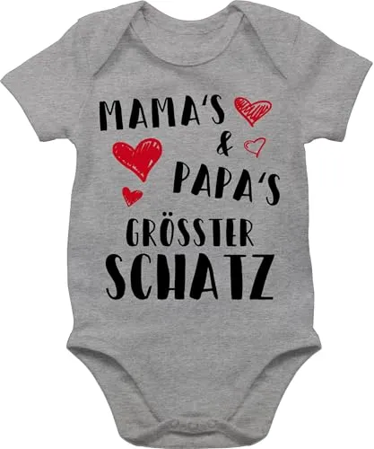 Shirtracer Baby Body Junge Mädchen - Sprüche - Mamas und Papas größter Schatz - 3/6 Monate - Grau meliert - geschenk für papa zur geburt babymode witzig spruch dad bodys babyparty geschenke