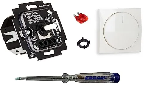 Busch Jäger 6523U-102 LED-Drehdimmer LED-Dimmer mit Dimmerscheibe Zentralplatte 2115-914 in Balance Si alpinweiß glänzend inklusive EBROM Phasenprüfer zur Montage des Dimmers (6523 U – 102)