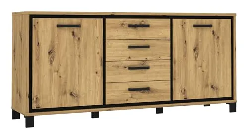 Forte TRONDHEIM Sideboard mit 4 Schubladen und 2 Türen - Kommode in Artisan Eiche/Schwarz Eiche, bietet praktischen Stauraum und ein geräuschloses Schließsystem; ideal für Wohn-, Schlaf- oder Esszimmer.