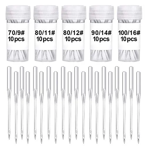 Wamkon 50 Stücke Nähmaschine Nadel Set, 5 Größen 70/9, 80/11, 80/12, 90/14, 100/16 Nähen Maschine Nadel, Universal Nähmaschine Nadeln Set für Haushalt Nähen