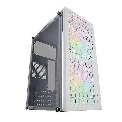 Mars Gaming MC-CORE, Ultrakompaktes MicroATX Gaming-Gehäuse, Frontdesign Metal-Mesh, 2X FRGB 120mm Lüfter, Seitliches Vollfenster, Mini-Tower PC mit USB 3.0, Weiß