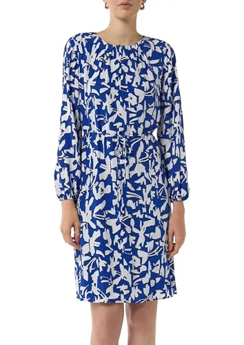 comma Midikleid mit Allover Print - Freizeitkleid für Damen mit langen Ärmeln und Gummibündchen, ideal für einen lässigen Look. Der Rundhalsausschnitt mit Schlitz und Knopf sorgt für einen modischen Akzent.