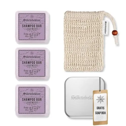 Störtebekker® Premium Duschset - Festes Shampoo Lavendel (x3) im Sisalsäckchen mit GRATIS Seifendose - Erleben Sie die sanfte Reinigung mit unserem festen Lavendel-Shampoo. Handgefertigt, ideal für Reisen und mit praktischer Aufbewahrung. Genießen Sie den herrlichen Duft und die pflegenden Inhaltsstoffe für geschmeidiges Haar.