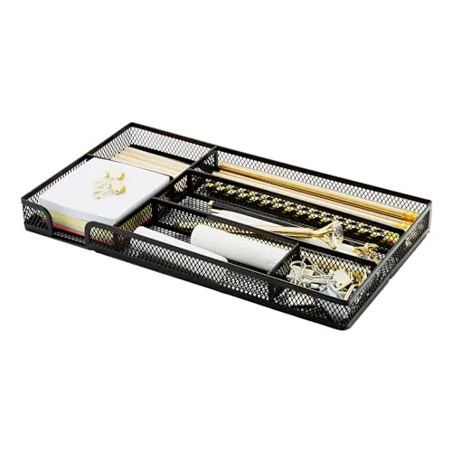 Annova Schreibtisch Schublade Organizer,Aufbewahrung Tray - Metallgeflecht mit Unterteilungen für Stifte, Schreibtischzubehör, Bad, Küche, Make-up und Bürobedarf (Klein, Schwarz)