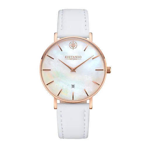 Moyen Damenuhr Rose Perlmutt Lederarmband Weiß Saphirglas 5 ATM