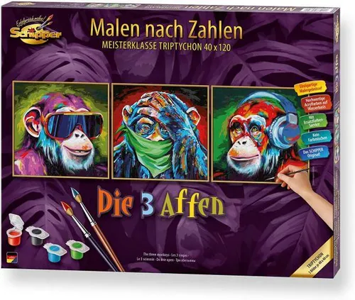 SCHIPPER Malen nach Zahlen - Die 3 Affen - Kreatives Malen nach Zahlen Set für Jugendliche von 12-16 Jahren, fördert die Feinmotorik und Kreativität mit einem charmanten Tiermotiv.