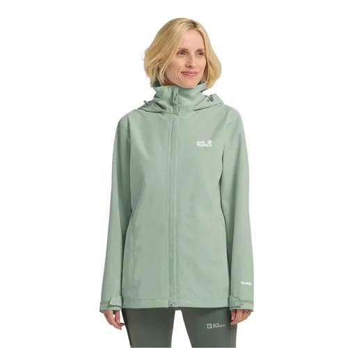 Jack Wolfskin Trailtime Regenjacke Damen M - Wasserdicht & Atmungsaktiv - Die TRAILTIME 2L JACKET bietet zuverlässigen Wetterschutz mit wasserdichter TEXAPORE CORE Membran. Ideal für den Trail, mit Fair-Wear-Zertifizierung für hohen Tragekomfort und eine feste Kapuze.