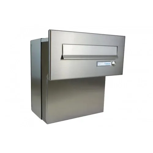 F-04 Durchwurf-Briefkasten mit Klingel aus V2A-Edelstahl - Hochwertiger Durchwurf-Briefkasten für Mauerstärken von 18-27 cm, bietet Sicherheit durch abschließbaren Mechanismus und Entnahmeschutz. Ideal für modernen Wohnstil.