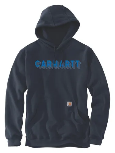 Carhartt Rain Defender Logo Graphic Kapuzenpullover - Dunkelblau/Hellblau - M - Herren-Sweatshirt mit wasserabweisender Oberfläche, ideal für Arbeit und Freizeit. Bequeme Passform und langlebiges DWR-Fleece halten dich bei leichtem Regen trocken.
