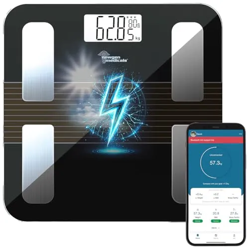 newgen medicals Solar-Akku-Körperfettwaage - Smarte Glas-Personenwaage mit Akku und App zur präzisen Körperanalyse. Misst bis 180 kg, zeigt 17 Körperwerte an und ist umweltfreundlich durch Solarbetrieb.