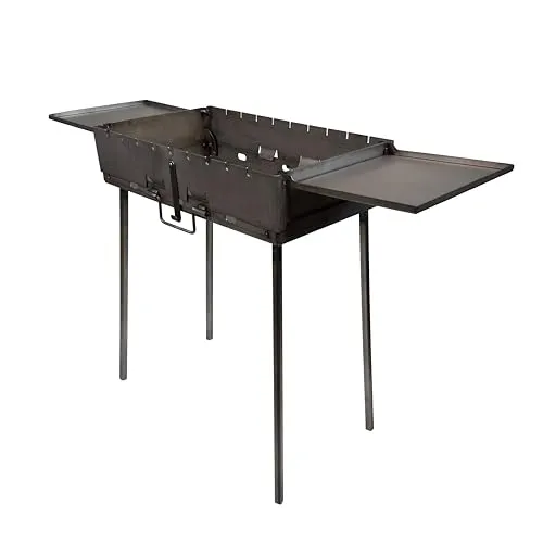 GOROCH Tragbarer Schaschlikgrill Transformer mit 2 Klapptischen – Faltbarer Holzkohlegrill für 9 Spieße, aus 3 mm Stahl, klappbar als Koffer mit Griff, ideal für Garten, Picknick & Camping