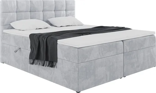 MEBLINI Boxspringbett mit Bettkasten - Gepolstert Doppelbett mit Matratze und Topper - Polsterbett mit Stauraum - Bett mit Kopfteil - Stauraumbett - TAPO 2-140x200 - H3/Hellgrau Samt