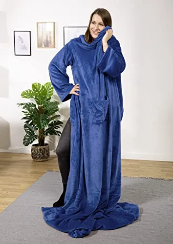 heimtexland ® Ärmeldecke TV Thermodecke mit Ärmeln und Taschen Sofadecke Ganzkörperdecke Kuscheldecke Flanell Weich und Wärmend Decke Typ848 Blau LxB 200 x 170 cm